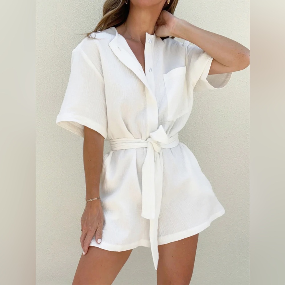 Commense white cotton button up tie waist boxy romper